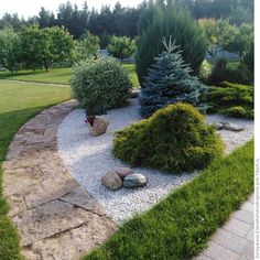 a garden with rocks, grass and trees in the background is shown from overhead view