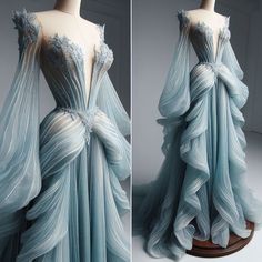 Long prom dress, ocean inspired, asymmetrical, shear bishop sleeves, small detailing, on mannequin Mermaid Inspired Fantasy Dress, Mer Gala Dresses, Ocean Inspired Wedding Dress, Ocean Inspired Dress Gowns, Cloud Inspired Fashion, Water Themed Outfits, Ocean Wedding Dress