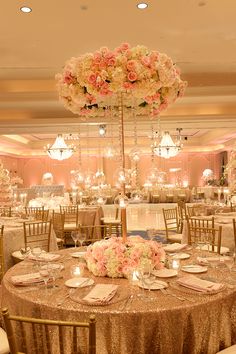 the tables are set up with flowers and candles for an elegant wedding reception at the four seasons resort in las vegas, nv