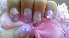 Purple Nails Kawaii, Kawaii Nail Inspo Short, Pastel Kawaii Nails, Small Stars, Pastel Nail, Design Page