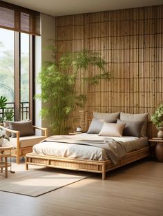 a bed sitting next to a window in a room with bamboo walls and flooring