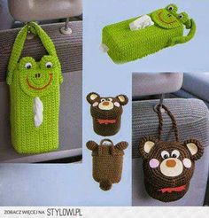 crocheted stuffed animals are hanging from the back of a car seat and attached to hooks