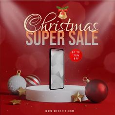 christmas super sale advert with phone on stand surrounded by baubles and ornaments