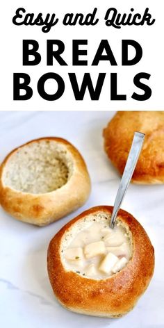 an easy homemade bread bowl recipe with cream cheese in it and the title overlay reads, easy homemade bread bowl