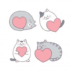 three cats with hearts in their paws and one cat holding the other's heart