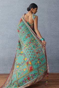 Aqua blue saree with floral digital print all over in slub silk base. - Aza Fashions Bohemian Style Festive Pre-draped Saree With Floral Print, Bohemian Designer Saree With Floral Print, Bohemian Style Floral Print Designer Saree, Bohemian Floral Print Saree For Wedding, Bohemian Wedding Saree With Floral Print, Bohemian Floral Print Wedding Saree, Silk Lehenga With Digital Print In Saree Style, Chanderi Pre-draped Saree With Printed Motifs For Wedding, Bohemian Pre-draped Saree With Printed Motifs For Festivals