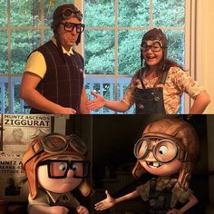 two people dressed up as cartoon characters, one with glasses and the other in overalls