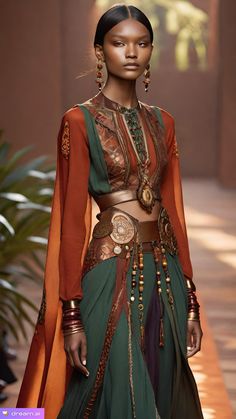 Mayan Inspired Fashion, Indian Bohemian Outfits, Traditional Desert Clothing, Aztec Inspired Fashion, Middle East Outfit Woman, Earth Inspired Fashion, Persian Women Fashion, Gold And Green Outfit, Indian Inspired Outfits