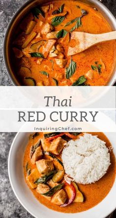 thai red curry with rice in a white bowl on a gray background and the title above it reads, thai red curry