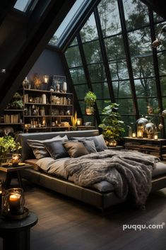 a bedroom with a large bed and lots of plants on the shelves next to it