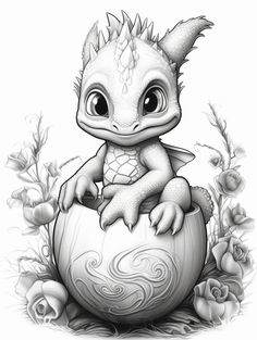 a drawing of a baby dragon sitting on top of an egg with flowers around it