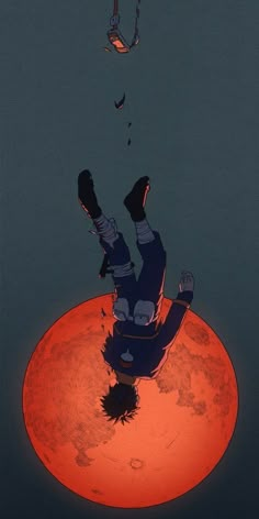 a person laying on the ground in front of an orange moon with a bird flying overhead