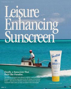 a man on a boat in the ocean with sunscreen next to it's side