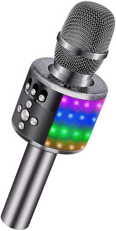 an image of a microphone that is on top of a tripod with colorful lights