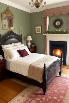 a bedroom with a fireplace and bed in it