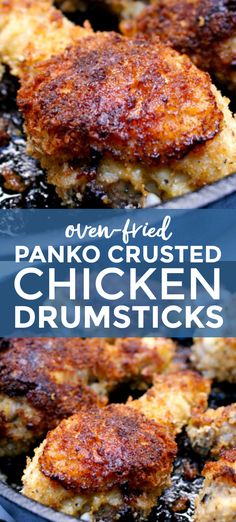 panko crusted chicken drumsticks in a skillet with text overlay