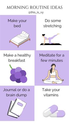 Infographic about morning routine ideas such as make your bed, stretch, make a healthy breakfast, meditate, journal, take vitamins to make mornings better. Ideal Morning Routine, Mindful Practices, Morning Routine Ideas, Go Back To Bed, Habit Quotes, Back To Bed, Routine Ideas, Wake Up Early, Habits Of Successful People