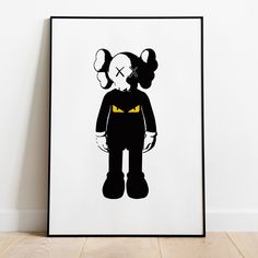 a black and white poster with an image of a cartoon character on it's face