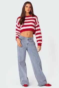 PRODUCT INFO Sweater Striped pattern Knit fabric Acrilan Model wears size S Model height is 5'7 Item care: Hand wash Chunky Knit Top, Striped Sweater Outfit, Visionary Fashion, Sweater Striped, Detailed Sweater, Crop Sweater, The Vibe, Laid Back Style, Oversized Sweater