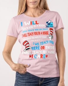 a woman wearing a pink shirt with the words i will teach you in a room