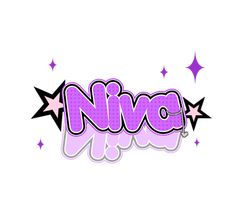 the word nive written in pink and purple with stars around it on a white background