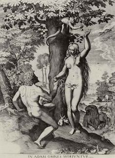 an image of a naked man and woman in front of a tree with other people around it