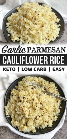 garlic parmesan cauliflower rice on a black plate