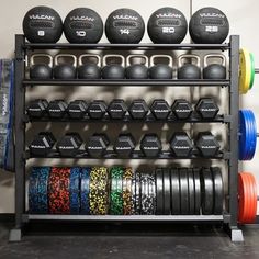 a gym rack filled with dumbs and plates