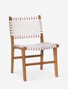 a wooden chair with woven seat padding and backrest, viewed from the side