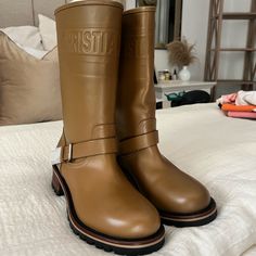 Never Worn, Brand New! Christian Dior Riding Boots In Caramel/Brown. With Dust Bag. Luxury Brown Calf Leather Moto Boots, Luxury Brown Moto Boots With Leather Sole, Caramel Brown, Dior Shoes, Shoes Brand, Brown Boots, Shoe Brands, Riding Boots, Christian Dior