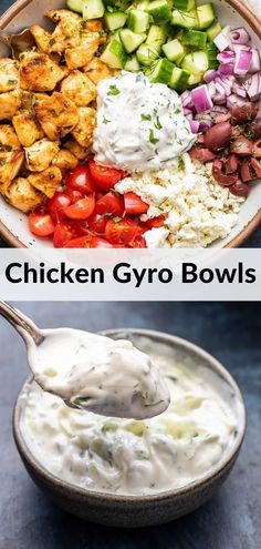 chicken gyro bowls with cucumbers, tomatoes, onions and other vegetables