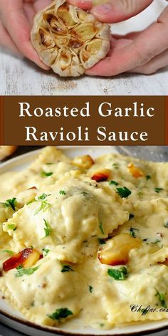 You will love this ravioli with this dreamy, creamy garlic sauce! Meals With Onions, Small Portion Meal Recipes, Homemade Ravioli Sauce Recipe, Homemade Toasted Ravioli, Chicken Mozzarella Ravioli Sauce, Rana Chicken And Roasted Garlic Ravioli, Heart Ravioli Recipe, Stuffed Ravioli Recipes Sauces, Ravioli Lemon Butter Sauce