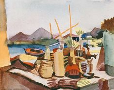 an image of a painting with watercolors on the subject in this picture, there is a boat and other items