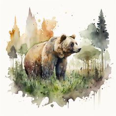 a bear is standing in the grass near some trees and watercolor paint splatters