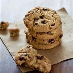 chocolate chip cookies stacked on top of each other