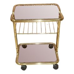 two tiered brass serving cart with mirror on wheels, mid - 20th century for sale