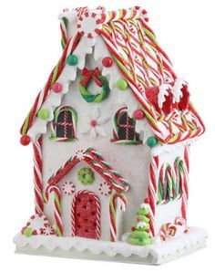 a white and red gingerbread house with candy canes