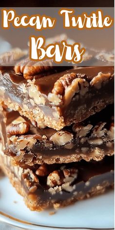 pieces of pecan triple bars stacked on top of each other with text overlay