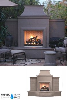 an outdoor fireplace is shown with chairs around it