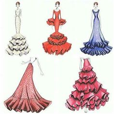 four dresses are shown in different colors