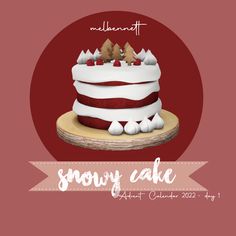 a red and white cake sitting on top of a wooden table next to a sign that says snowy cake