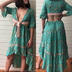 Nwt Teal Floral High Low Ruffle Hem And Sleeves Boho Dress. It Has A Tie Front Where The Plunge Meets The Waist. It Also Can Be Worn As A Beach Cover Up. Xs This Dress Can Also Be A Small Depending On The Bust Size. I Can Say No Bigger Than A B Will Fit Without Exposure Which Is Fine If It’s A Coverup. Turquoise V-neck Maxi Dress For Summer, Beach Maxi Dress With Tie Back And Short Sleeves, Open Front Beachwear Dress For Brunch, Green Open Front Summer Dress, Green Open Front Dresses For Spring, Blue Open Front Beach Dress, Bohemian Fitted Dress With Open Front, Fitted Open Front Bohemian Dress, Blue Open Front Dress For Spring