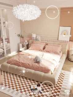 a bedroom with a large bed in the middle and lots of lights hanging from the ceiling