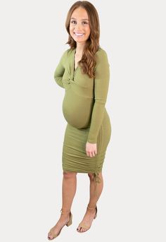 Our twist maternity dress is an ultra flattering outfit every mama needs in their wardrobe! Constructed of an ultra lightweight material guaranteed to keep you and your growing bump covered without any bulk. Perfect for a date night or a girls night out! The bodycon fit is flattering throughout all nine months of pregnancy and beyond. Ruched V-neck Maternity Dress, Spring Nursing-friendly Fitted Maternity Dress, Spring Fitted Maternity Dress Nursing Friendly, Spring Maternity Dress, Bump-friendly And Fitted, Stretch Bump-friendly Maternity Dress, Spring Maternity Dress Bump Friendly And Fitted, Spring Fitted Maternity Dress Bump Friendly, Spring Maternity Dress Fitted And Bump Friendly, Fitted Maternity Dress For Spring