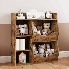 a wooden book shelf with stuffed animals on top and bookshelf below it in a room