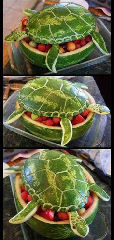 a turtle made out of watermelon and strawberries