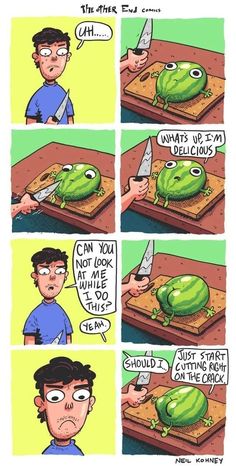 a comic strip with an image of a man cutting a watermelon into pieces