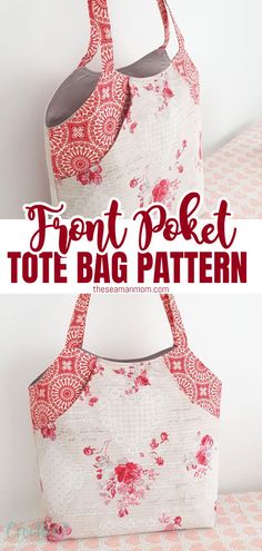 the front pocket tote bag pattern is shown in red and white with flowers on it