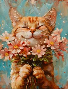 a painting of a cat with flowers in its mouth