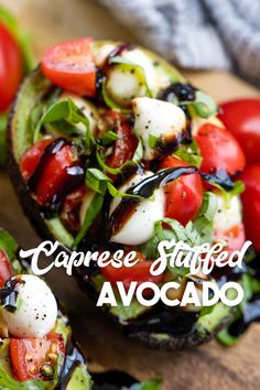 An avocado halve filled with chopped cherry tomatoes, mozzarella balls and strips of fresh basil, drizzled with a balsamic glaze. Stuffed Avocado, Stay At Home Chef, Avocado Recipes, Healthy Lunch, Low Carb Recipes, Salad Recipes, Avocado, Low Carb